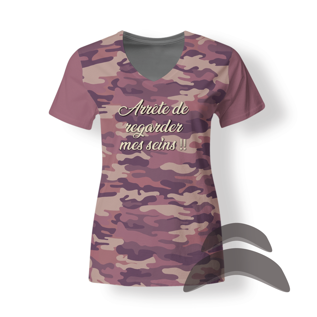 T-SHirt_V-Neck_FEMME_CAMO_HUMOUR_Arrete regarder seins