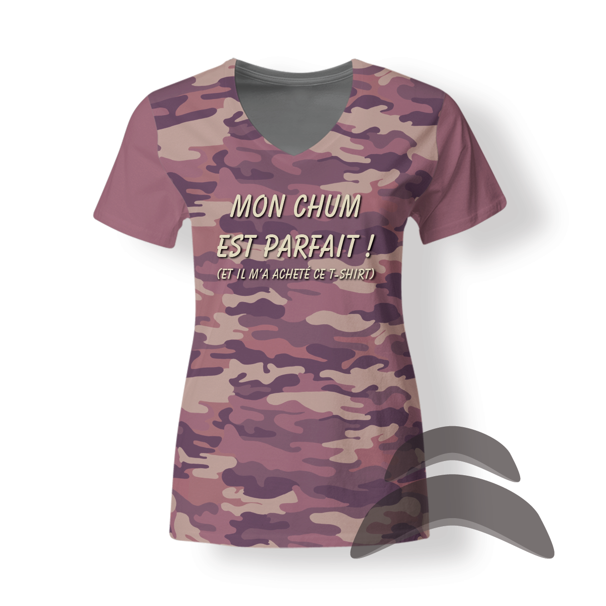 T-SHirt_V-Neck_FEMME_CAMO_HUMOUR_Chum parfait-elle m'a acheté t-shirt