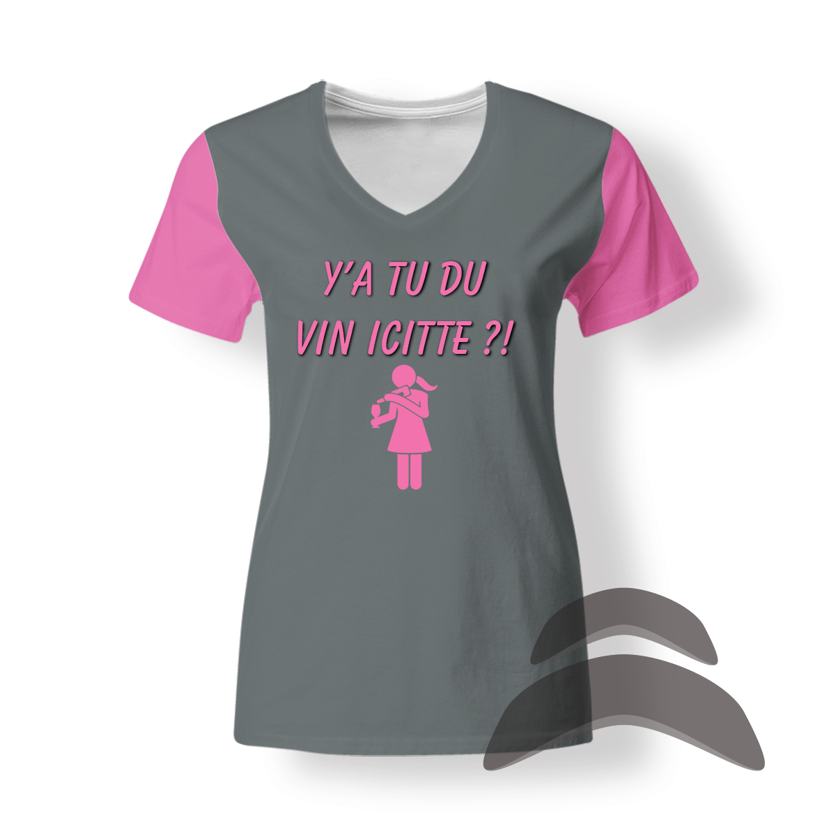 T-SHirt_V-Neck_FEMME_ROSE-GRIS_HUMOURY'a tu du vin icitte