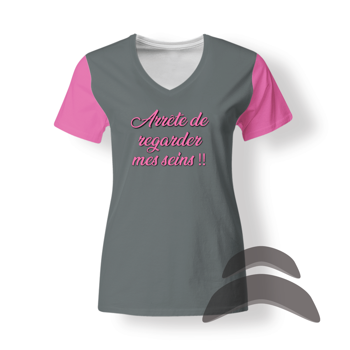T-SHirt_V-Neck_FEMME_ROSE-GRIS_HUMOUR_Arrete regarder seins T-SHirt_V-Neck_FEMME_ROSE-GRIS_HUMOUR_Arrete regarder seins