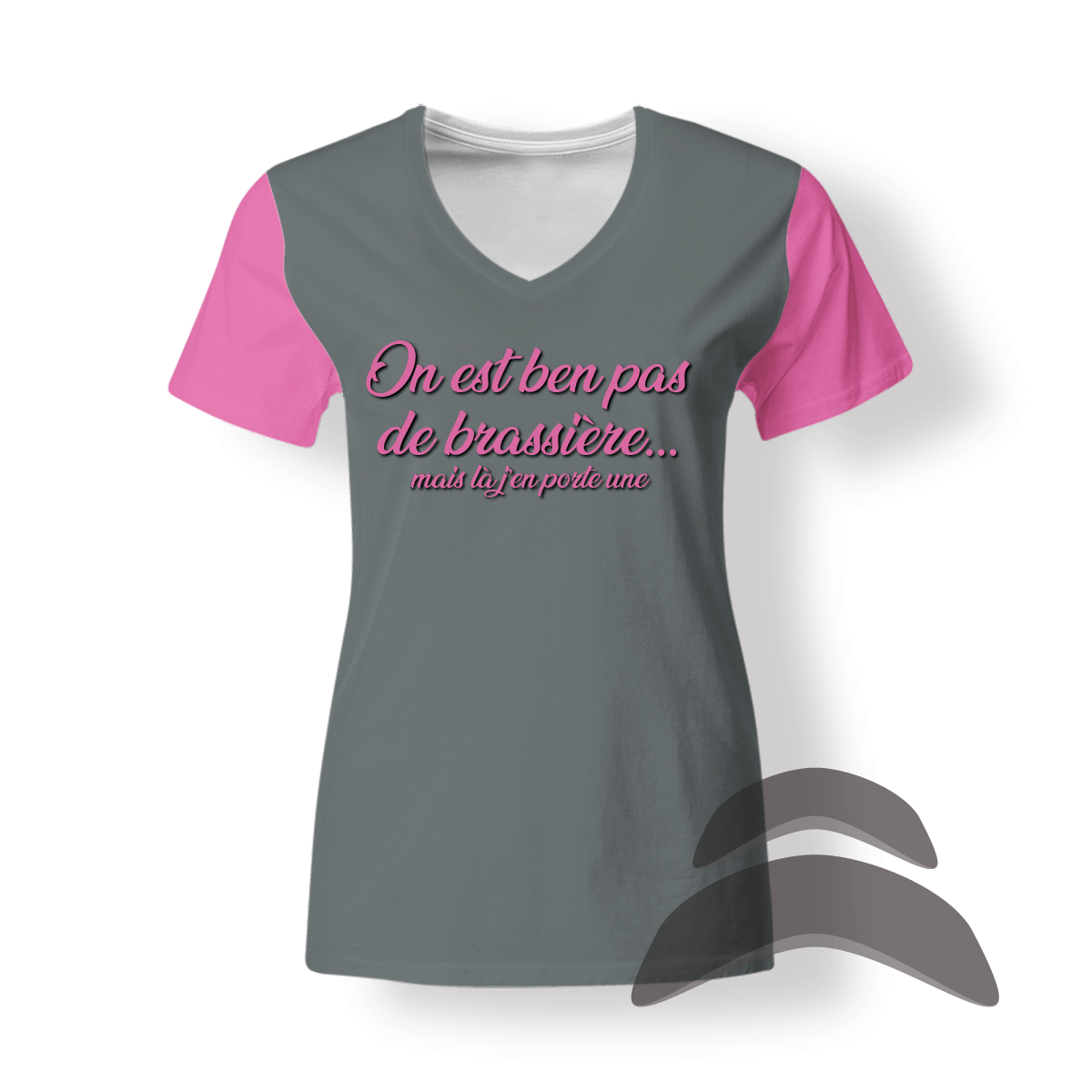 T-SHirt_V-Neck_FEMME_ROSE-GRIS_HUMOUR_Pas de brassière T-SHirt_V-Neck_FEMME_ROSE-GRIS_HUMOUR_Pas de brassière