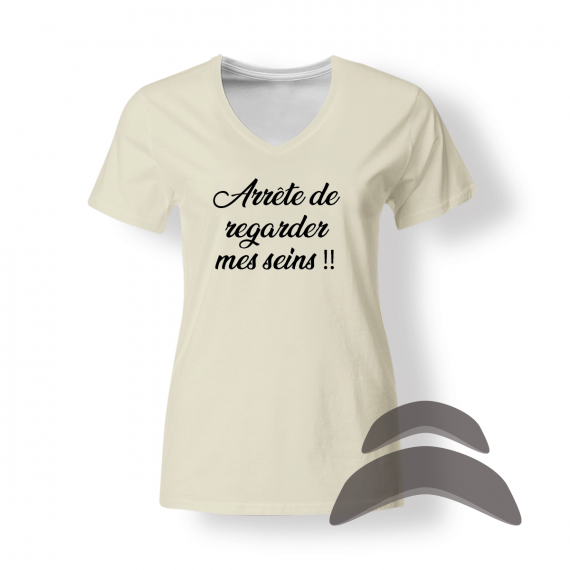 T-Shirt_Col_Rond_FEMME_BEIGE_HUMOUR_Arrete regarder seins