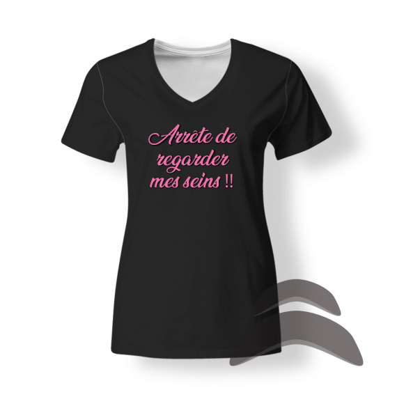 T-Shirt_Col_Rond_FEMME_NOIR_HUMOUR_Arrete regarder seins