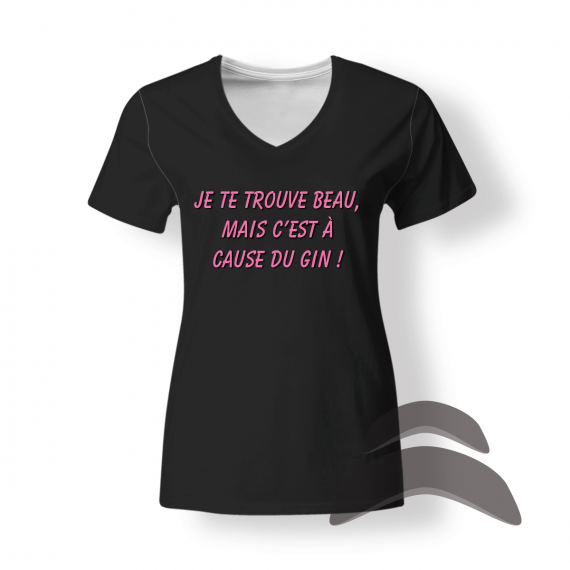 T-Shirt_Col_Rond_FEMME_NOIR_HUMOUR_Beau à cause gin